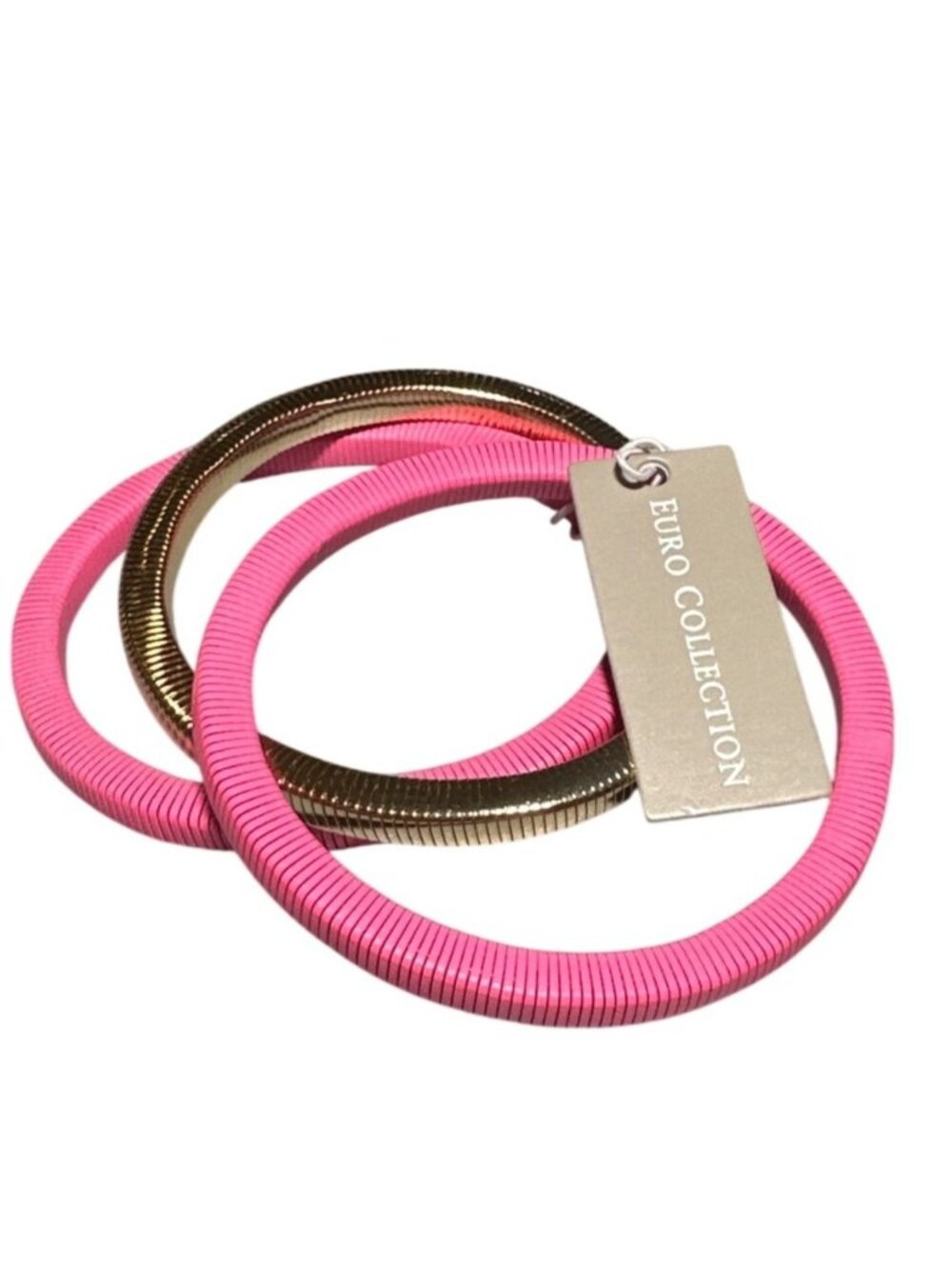 Euro Collection Set of Three Stretch Omega Chain Link Bracelets Pink Gold Tone
